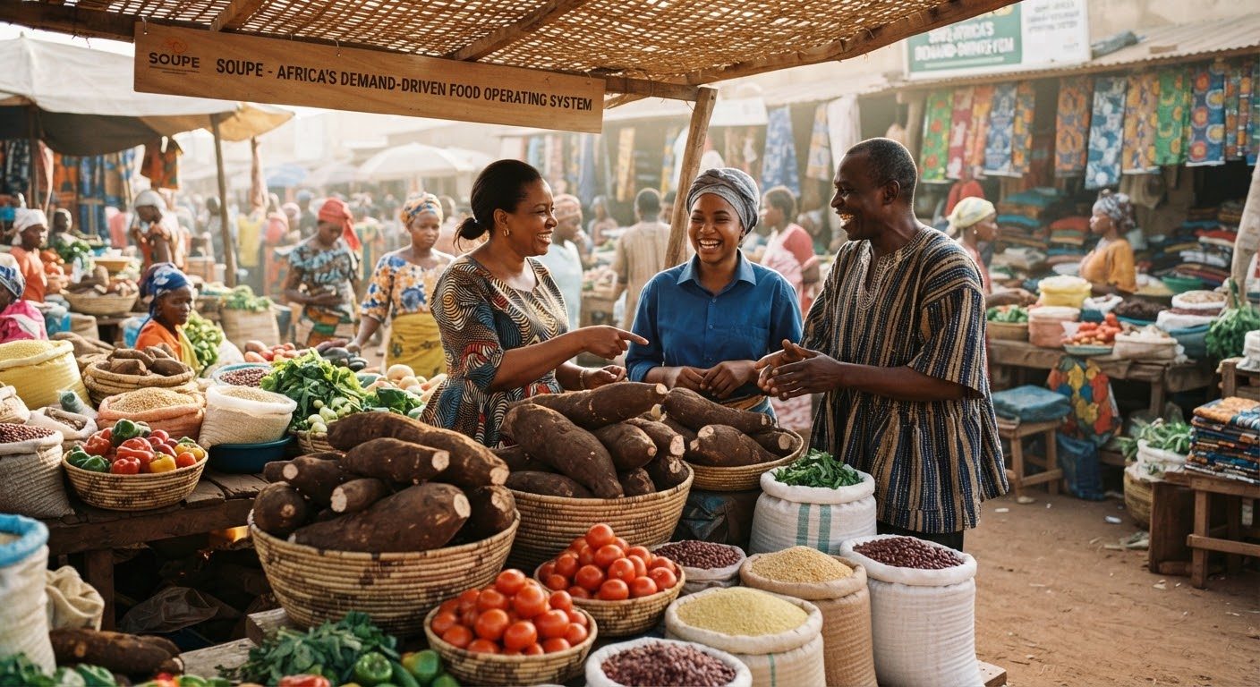Traders and shoppers talking over yams at a covered market stall