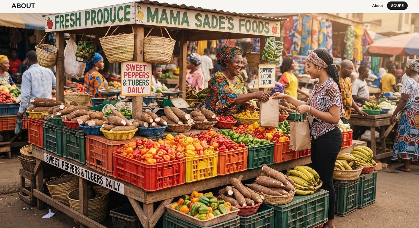 A market stall stacked with crates of fresh produce