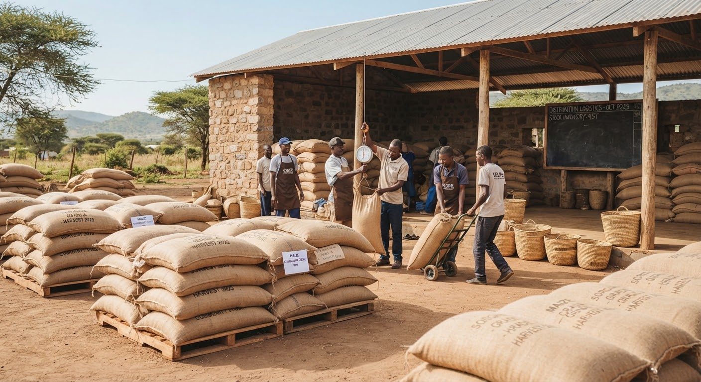 Workers moving sacks of grain outside a storage shed