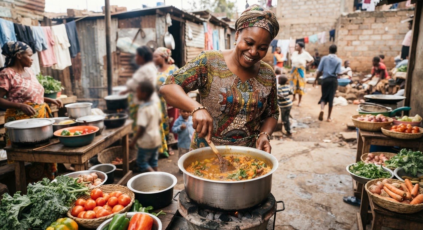 A woman cooking over a pot at a busy open-air market
