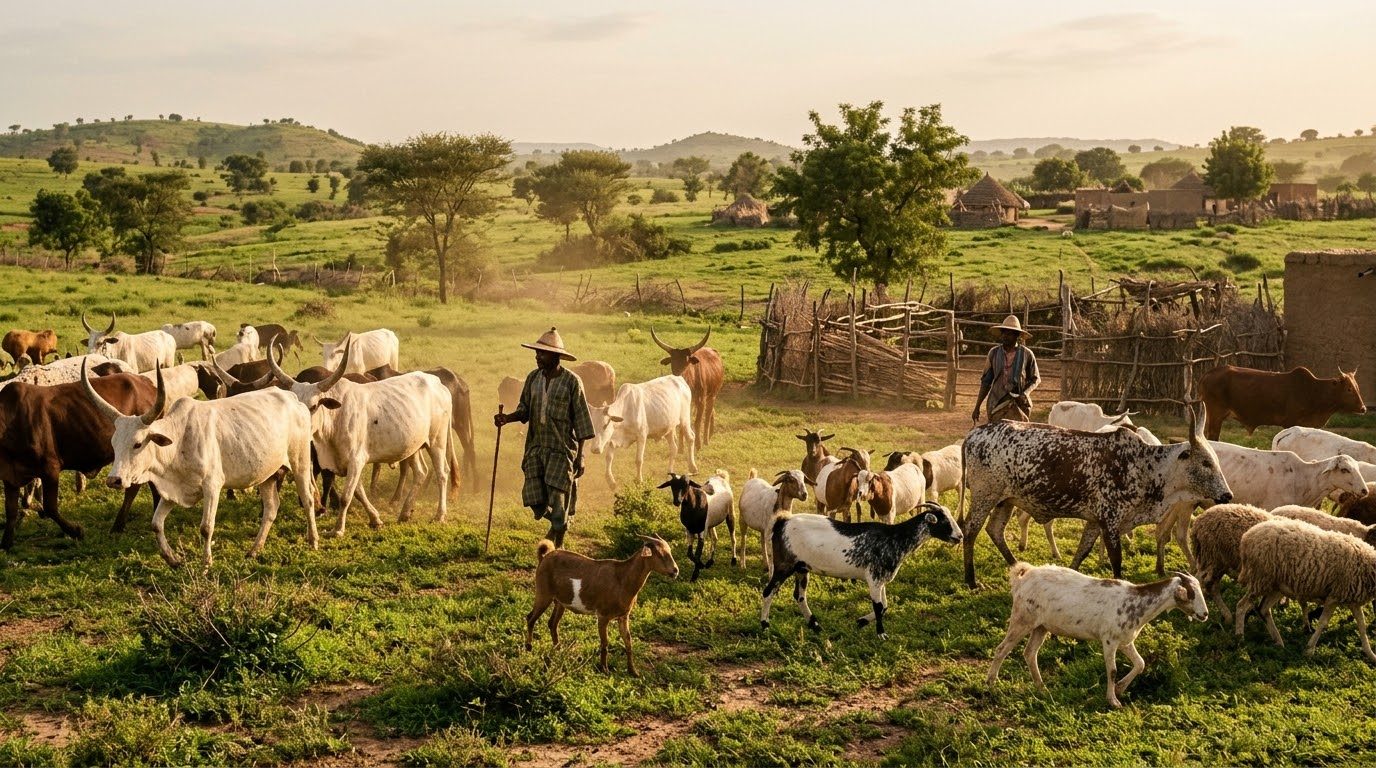 Herders with cattle and goats on open grazing land