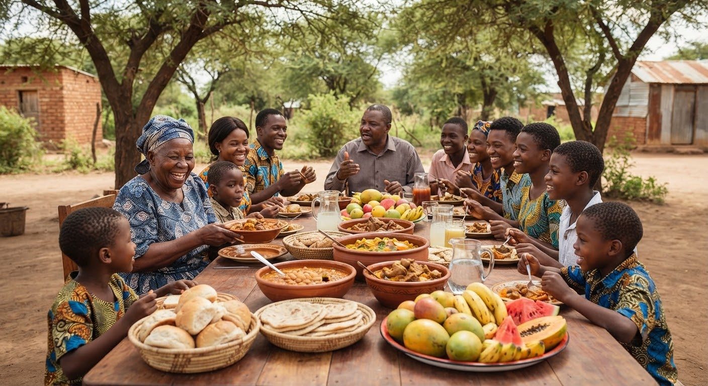 A family sharing a meal at an outdoor table
